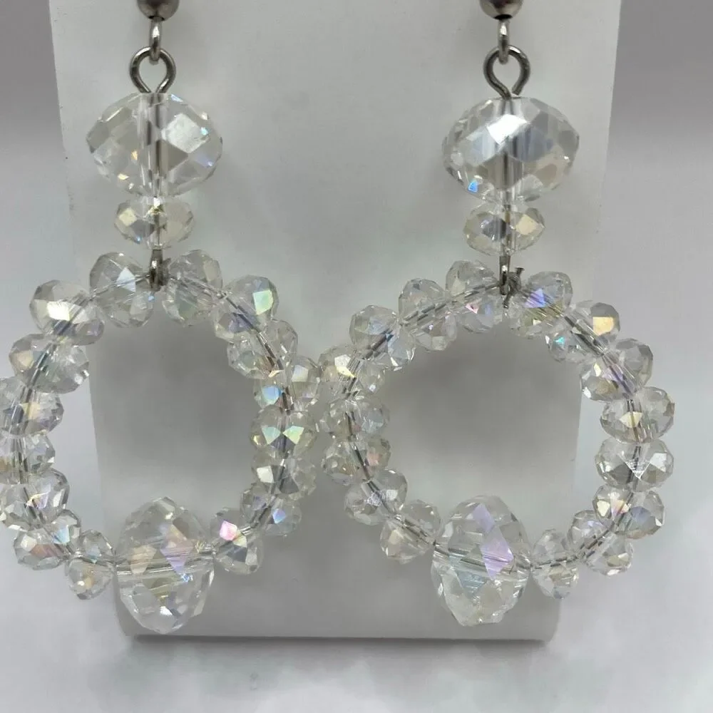 Clear Crystal Beaded Hoop Drop Earrings Statement Jewelry